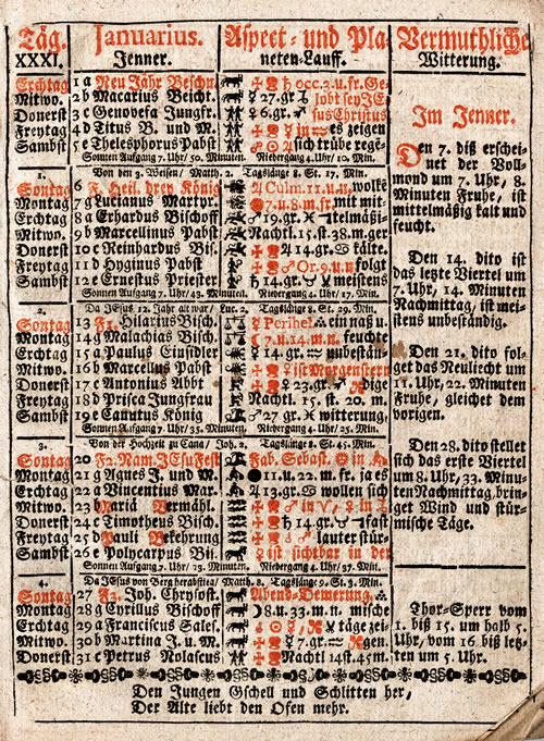 Im Straubinger Kalender sind den Tagen und Monaten des Jahres astronomische und astrologische Hinweise